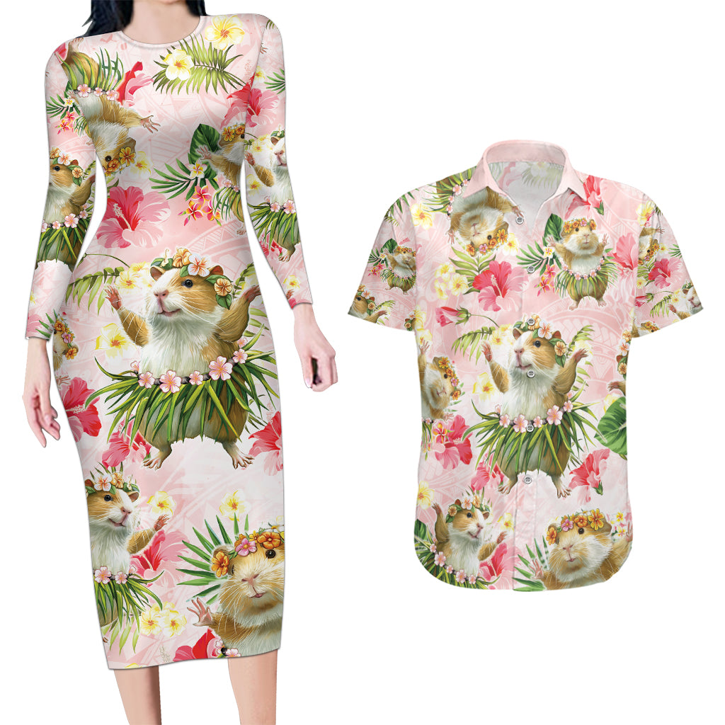 Hawaii Guinea Hula Pig Couples Matching Long Sleeve Bodycon Dress and Hawaiian Shirt Funny Tropical Style LT05 Pink - Polynesian Pride