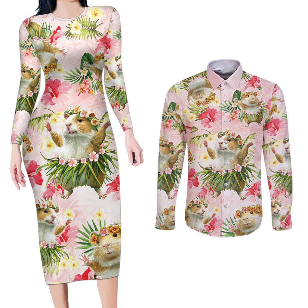 Hawaii Guinea Hula Pig Couples Matching Long Sleeve Bodycon Dress and Long Sleeve Button Shirt Funny Tropical Style LT05 Pink - Polynesian Pride
