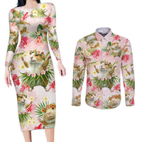 Hawaii Guinea Hula Pig Couples Matching Long Sleeve Bodycon Dress and Long Sleeve Button Shirt Funny Tropical Style LT05 Pink - Polynesian Pride