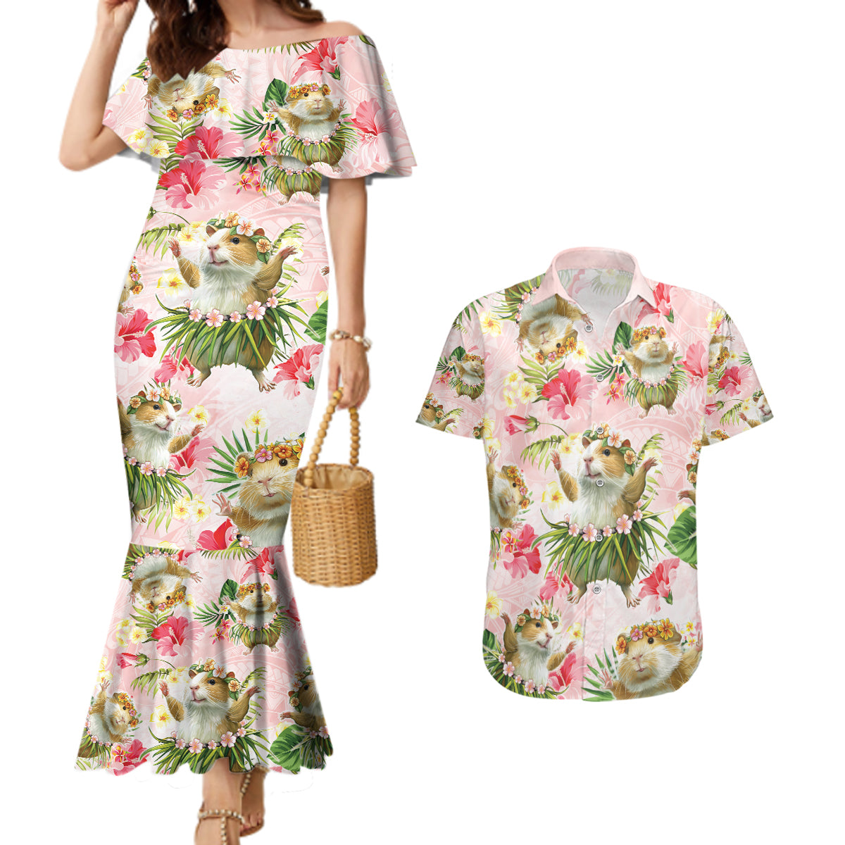 Hawaii Guinea Hula Pig Couples Matching Mermaid Dress and Hawaiian Shirt Funny Tropical Style LT05 Pink - Polynesian Pride