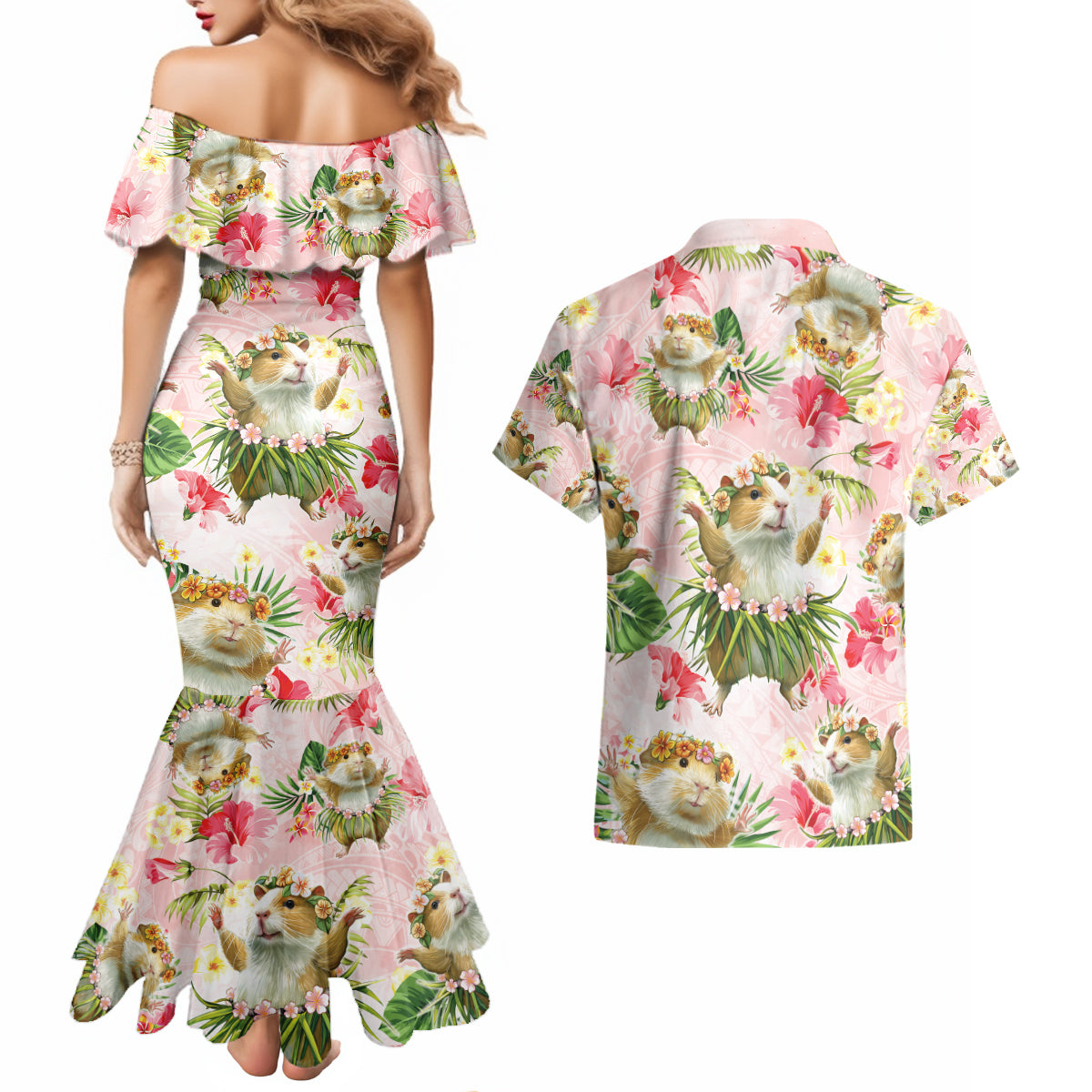 Hawaii Guinea Hula Pig Couples Matching Mermaid Dress and Hawaiian Shirt Funny Tropical Style LT05 - Polynesian Pride