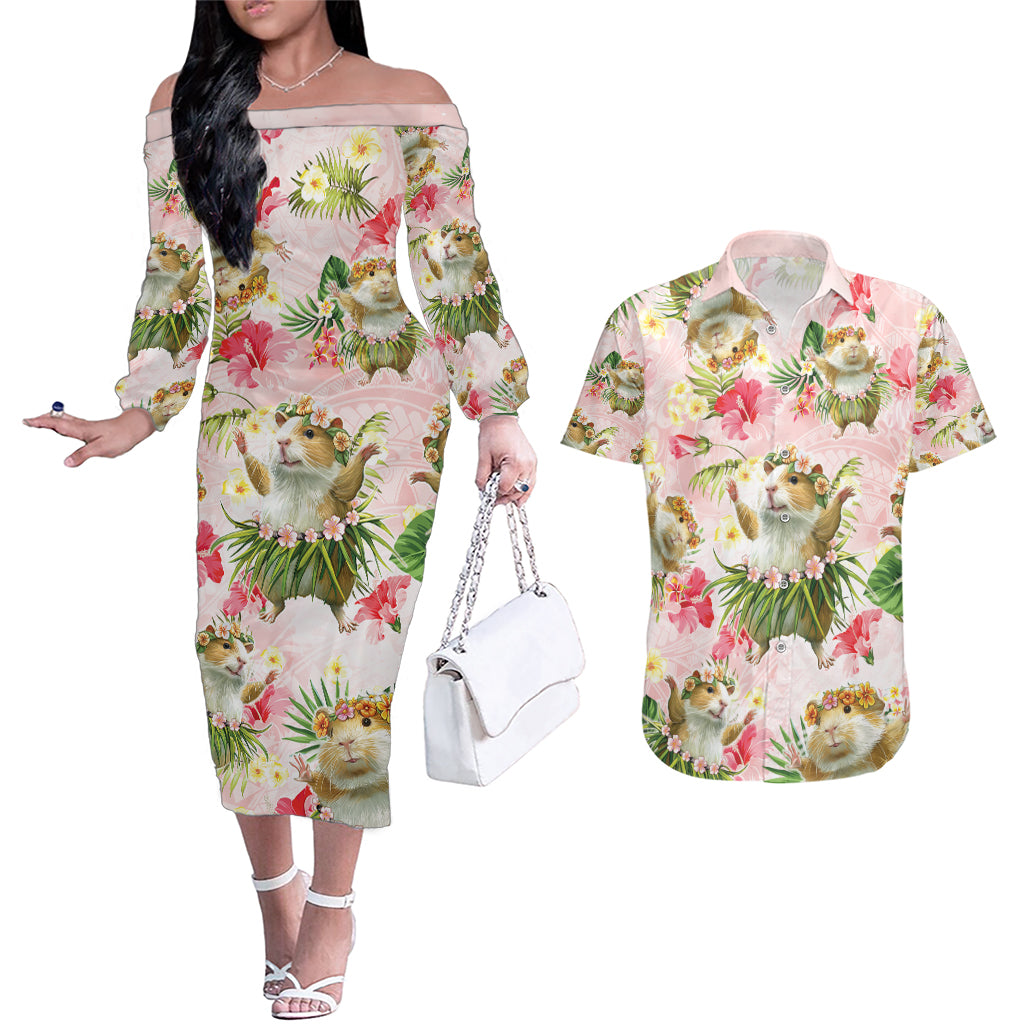 Hawaii Guinea Hula Pig Couples Matching Off The Shoulder Long Sleeve Dress and Hawaiian Shirt Funny Tropical Style LT05 Pink - Polynesian Pride