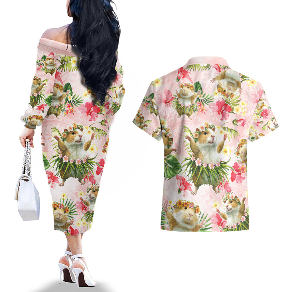 Hawaii Guinea Hula Pig Couples Matching Off The Shoulder Long Sleeve Dress and Hawaiian Shirt Funny Tropical Style LT05 - Polynesian Pride