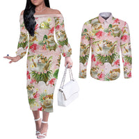 Hawaii Guinea Hula Pig Couples Matching Off The Shoulder Long Sleeve Dress and Long Sleeve Button Shirt Funny Tropical Style LT05 Pink - Polynesian Pride