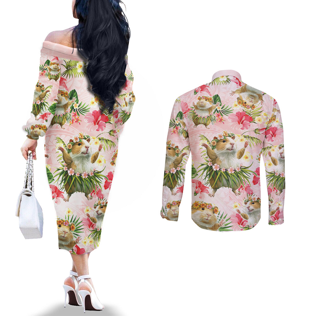 Hawaii Guinea Hula Pig Couples Matching Off The Shoulder Long Sleeve Dress and Long Sleeve Button Shirt Funny Tropical Style LT05 - Polynesian Pride
