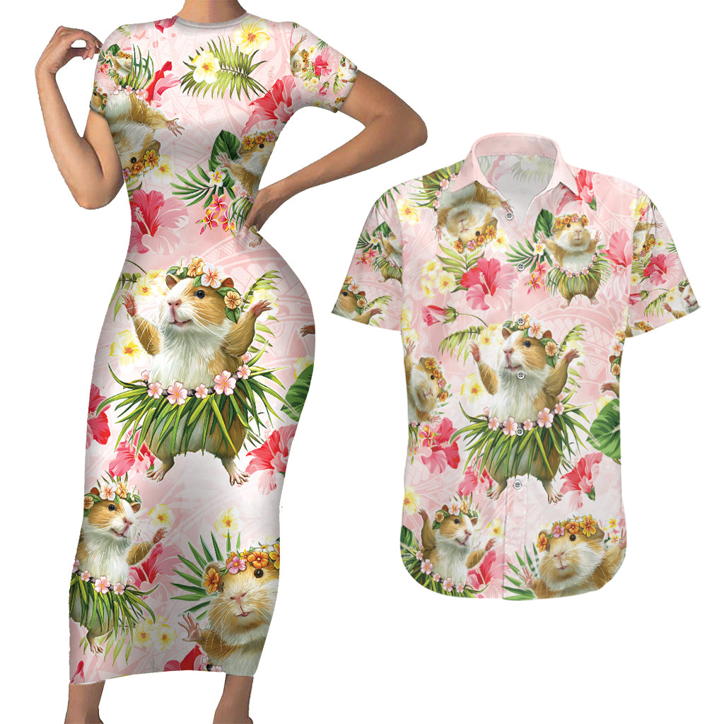 Hawaii Guinea Hula Pig Couples Matching Short Sleeve Bodycon Dress and Hawaiian Shirt Funny Tropical Style LT05 Pink - Polynesian Pride