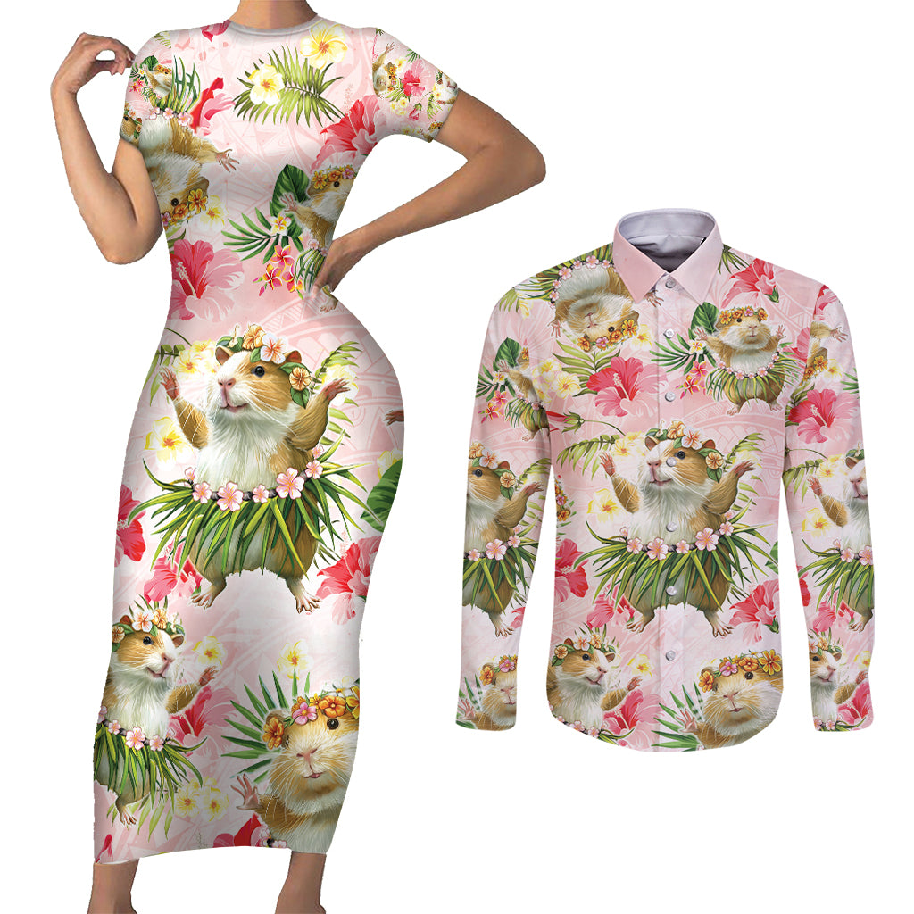 Hawaii Guinea Hula Pig Couples Matching Short Sleeve Bodycon Dress and Long Sleeve Button Shirt Funny Tropical Style LT05 Pink - Polynesian Pride