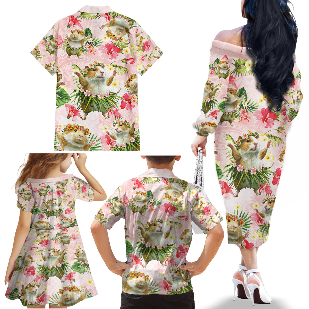 Hawaii Guinea Hula Pig Family Matching Off The Shoulder Long Sleeve Dress and Hawaiian Shirt Funny Tropical Style LT05 - Polynesian Pride