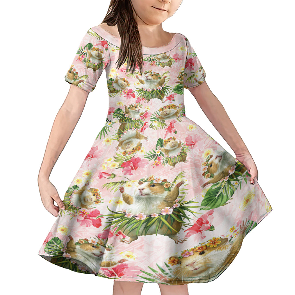 Hawaii Guinea Hula Pig Family Matching Off Shoulder Short Dress and Hawaiian Shirt Funny Tropical Style LT05 Daughter's Dress Pink - Polynesian Pride