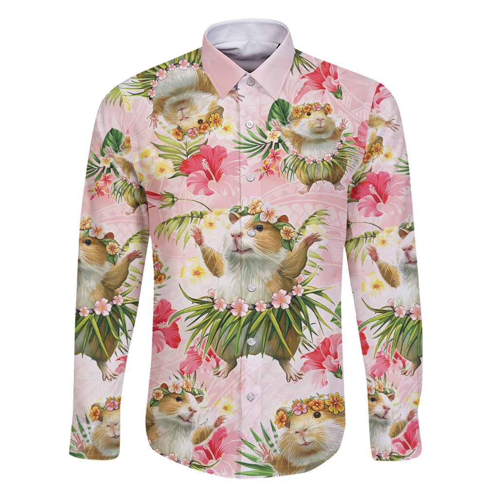 Hawaii Guinea Hula Pig Family Matching Off Shoulder Short Dress and Hawaiian Shirt Funny Tropical Style LT05 Dad's Shirt - Long Sleeve Pink - Polynesian Pride