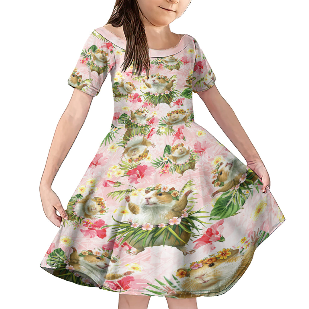 Hawaii Guinea Hula Pig Family Matching Short Sleeve Bodycon Dress and Hawaiian Shirt Funny Tropical Style LT05 Daughter's Dress Pink - Polynesian Pride