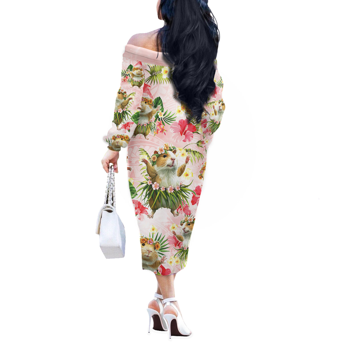 Hawaii Guinea Hula Pig Off The Shoulder Long Sleeve Dress Funny Tropical Style