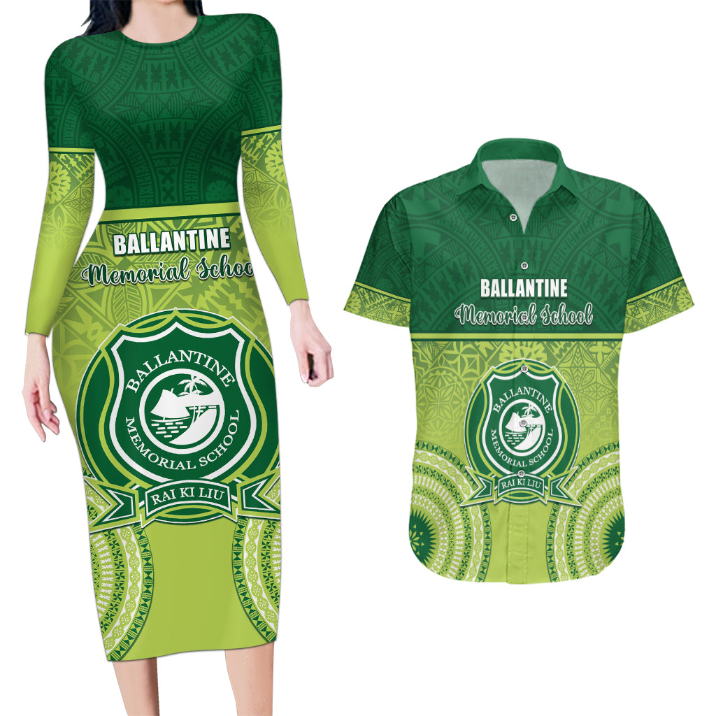 Personalised Ballantine Memorial School Couples Matching Long Sleeve Bodycon Dress and Hawaiian Shirt With Fijian Tapa Pattern LT05 Green - Polynesian Pride