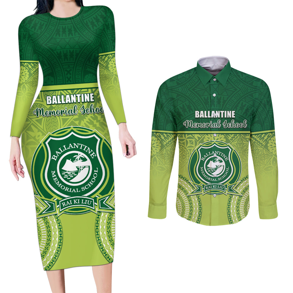 Personalised Ballantine Memorial School Couples Matching Long Sleeve Bodycon Dress and Long Sleeve Button Shirt With Fijian Tapa Pattern LT05 Green - Polynesian Pride