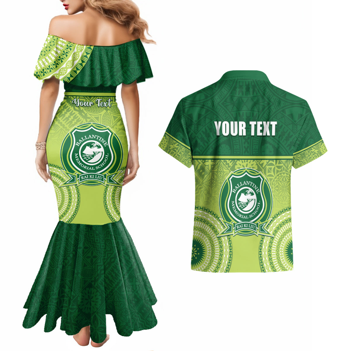 Personalised Ballantine Memorial School Couples Matching Mermaid Dress and Hawaiian Shirt With Fijian Tapa Pattern LT05 - Polynesian Pride