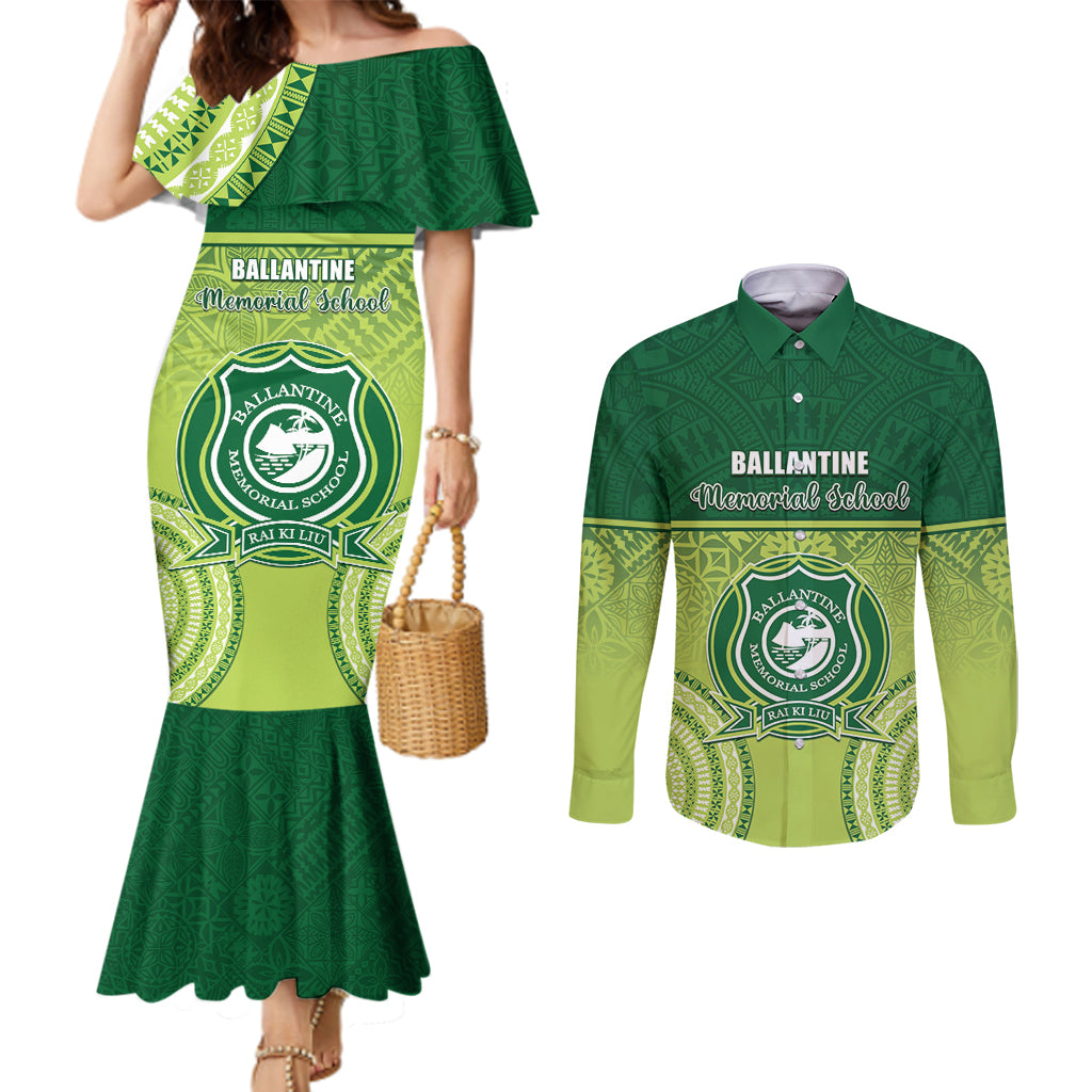 Personalised Ballantine Memorial School Couples Matching Mermaid Dress and Long Sleeve Button Shirt With Fijian Tapa Pattern LT05 Green - Polynesian Pride