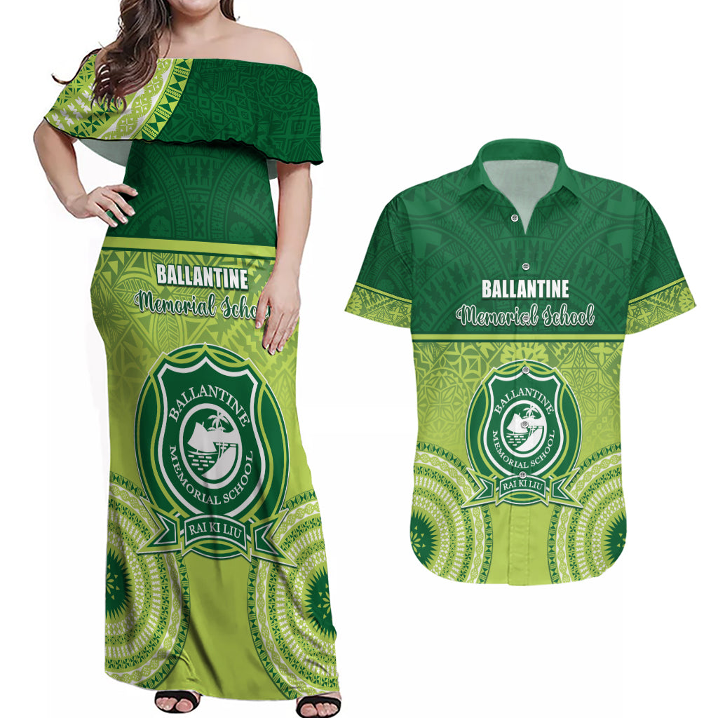 Personalised Ballantine Memorial School Couples Matching Off Shoulder Maxi Dress and Hawaiian Shirt With Fijian Tapa Pattern LT05 Green - Polynesian Pride