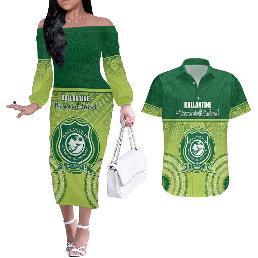 Personalised Ballantine Memorial School Couples Matching Off The Shoulder Long Sleeve Dress and Hawaiian Shirt With Fijian Tapa Pattern LT05 Green - Polynesian Pride