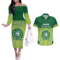 Personalised Ballantine Memorial School Couples Matching Off The Shoulder Long Sleeve Dress and Hawaiian Shirt With Fijian Tapa Pattern LT05 Green - Polynesian Pride