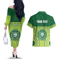 Personalised Ballantine Memorial School Couples Matching Off The Shoulder Long Sleeve Dress and Hawaiian Shirt With Fijian Tapa Pattern LT05 - Polynesian Pride