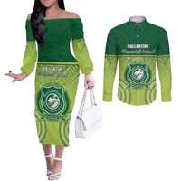 Personalised Ballantine Memorial School Couples Matching Off The Shoulder Long Sleeve Dress and Long Sleeve Button Shirt With Fijian Tapa Pattern LT05 Green - Polynesian Pride
