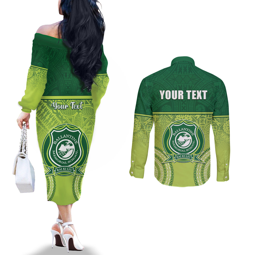 Personalised Ballantine Memorial School Couples Matching Off The Shoulder Long Sleeve Dress and Long Sleeve Button Shirt With Fijian Tapa Pattern LT05 - Polynesian Pride
