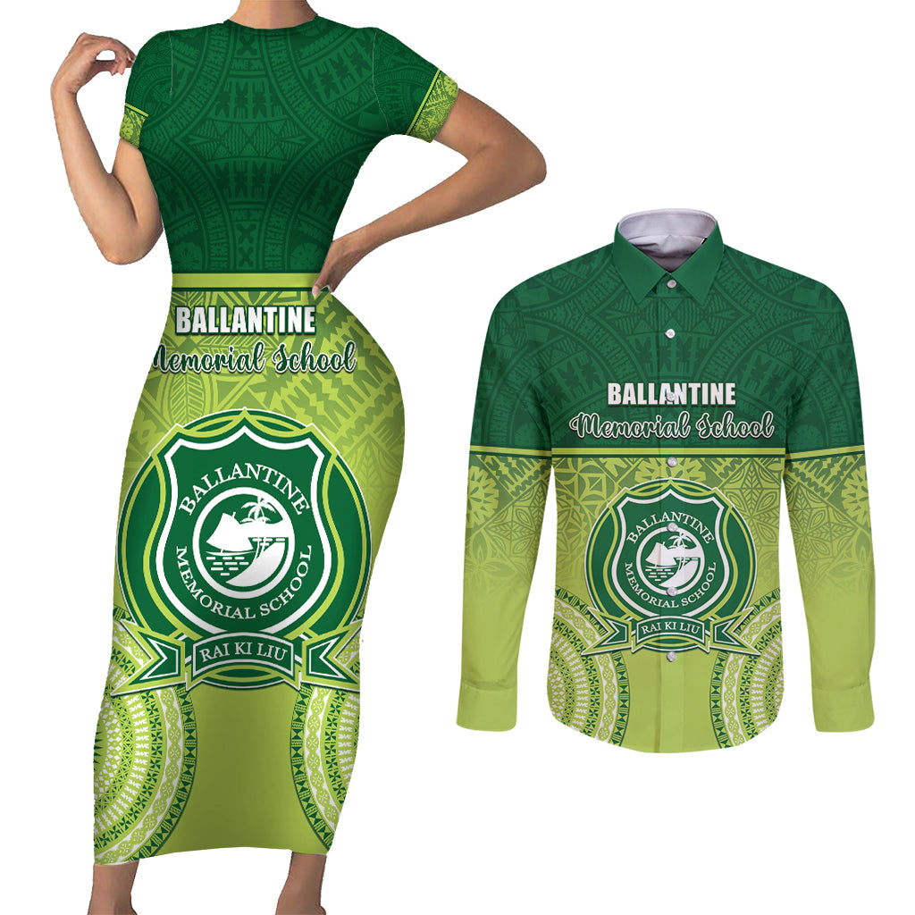 Personalised Ballantine Memorial School Couples Matching Short Sleeve Bodycon Dress and Long Sleeve Button Shirt With Fijian Tapa Pattern LT05 Green - Polynesian Pride