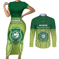 Personalised Ballantine Memorial School Couples Matching Short Sleeve Bodycon Dress and Long Sleeve Button Shirt With Fijian Tapa Pattern LT05 Green - Polynesian Pride