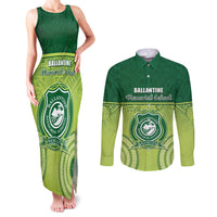 Personalised Ballantine Memorial School Couples Matching Tank Maxi Dress and Long Sleeve Button Shirt With Fijian Tapa Pattern LT05 Green - Polynesian Pride