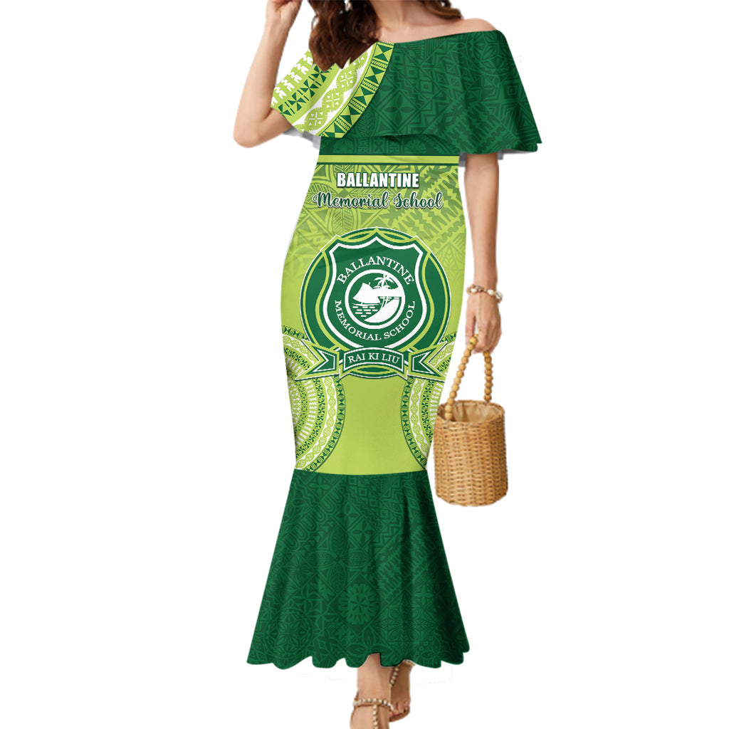 Personalised Ballantine Memorial School Family Matching Mermaid Dress and Hawaiian Shirt With Fijian Tapa Pattern LT05 Mom's Dress Green - Polynesian Pride
