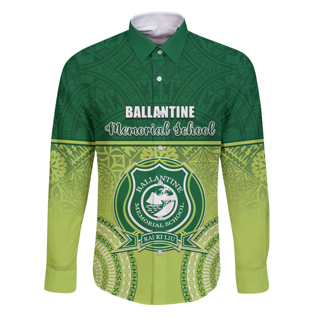 Personalised Ballantine Memorial School Family Matching Puletasi and Hawaiian Shirt With Fijian Tapa Pattern LT05 Dad's Shirt - Long Sleeve Green - Polynesian Pride