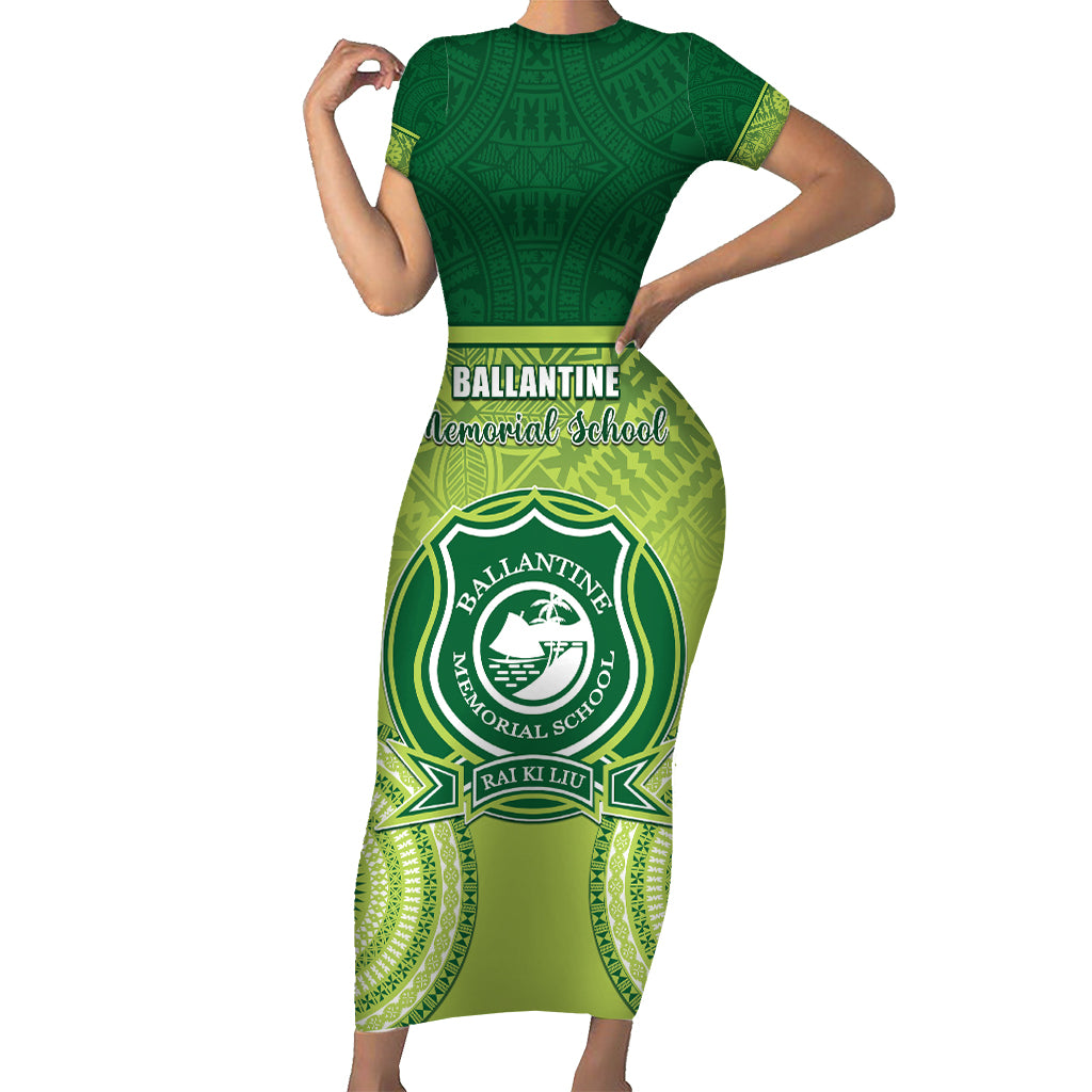 Personalised Ballantine Memorial School Family Matching Short Sleeve Bodycon Dress and Hawaiian Shirt With Fijian Tapa Pattern LT05 Mom's Dress Green - Polynesian Pride
