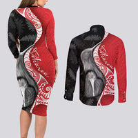 New Zealand Aotearoa Couples Matching Long Sleeve Bodycon Dress and Long Sleeve Button Shirt Kiwi Fern Maori Pattern Red Version LT05 - Polynesian Pride