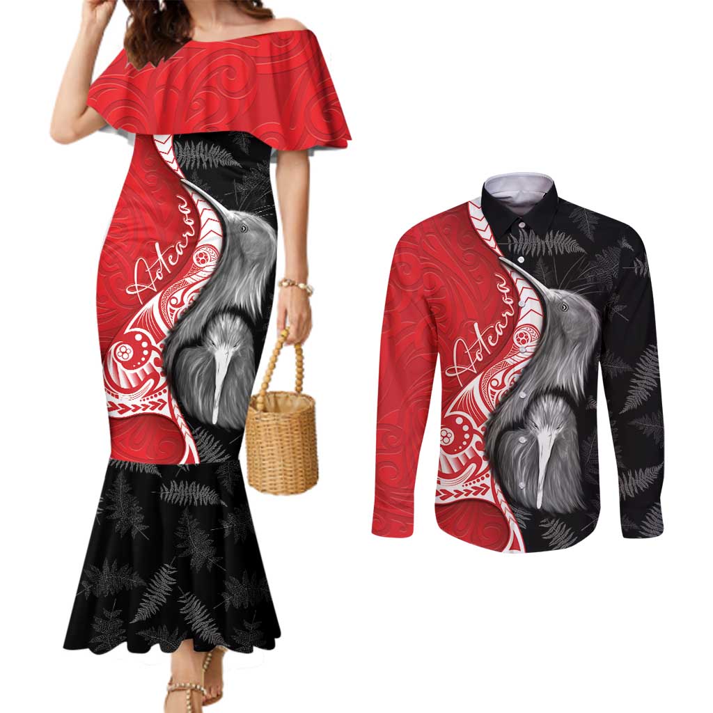 New Zealand Aotearoa Couples Matching Mermaid Dress and Long Sleeve Button Shirt Kiwi Fern Maori Pattern Red Version LT05 Red - Polynesian Pride