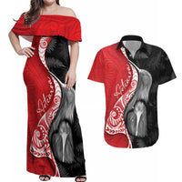 New Zealand Aotearoa Couples Matching Off Shoulder Maxi Dress and Hawaiian Shirt Kiwi Fern Maori Pattern Red Version LT05 Red - Polynesian Pride