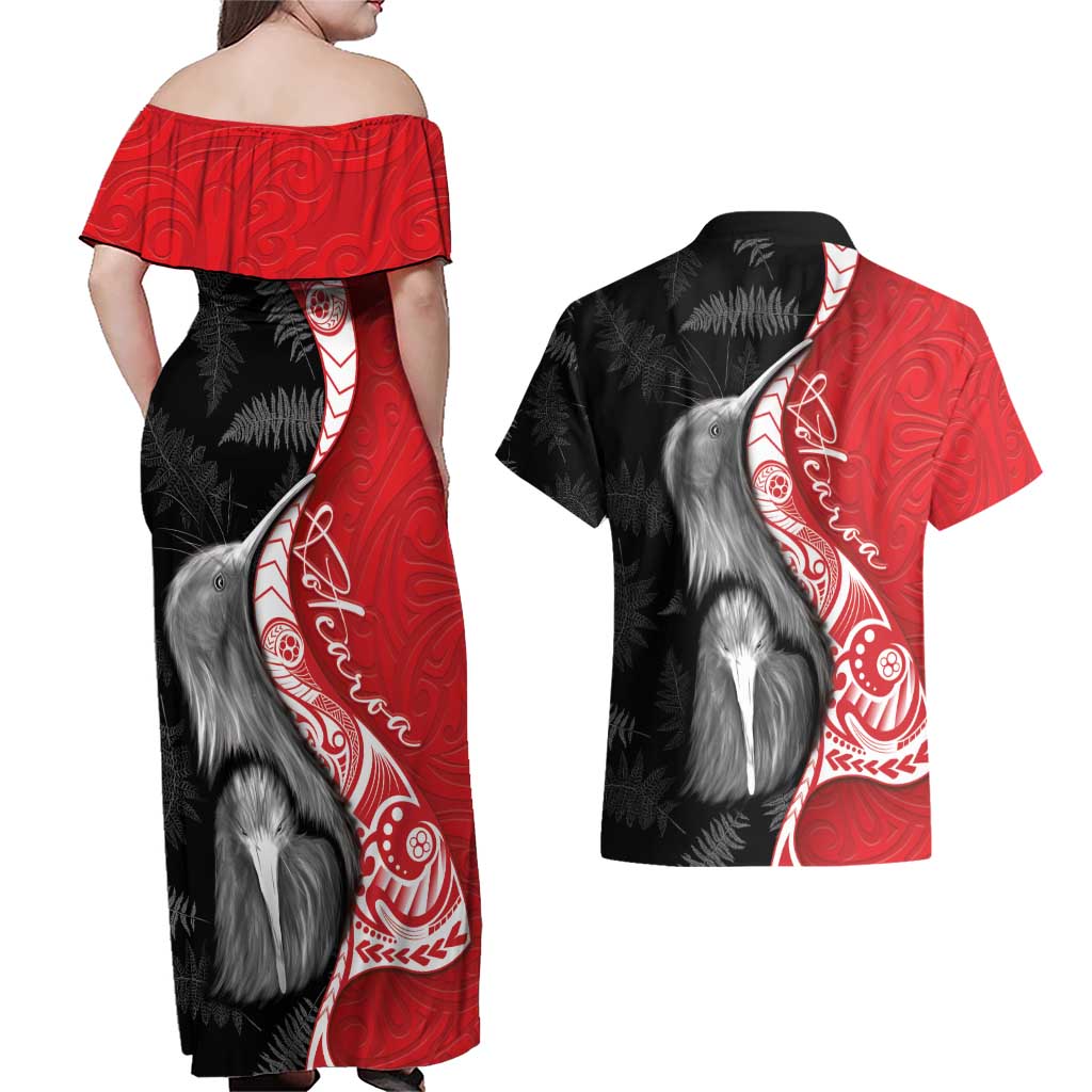 New Zealand Aotearoa Couples Matching Off Shoulder Maxi Dress and Hawaiian Shirt Kiwi Fern Maori Pattern Red Version LT05 - Polynesian Pride