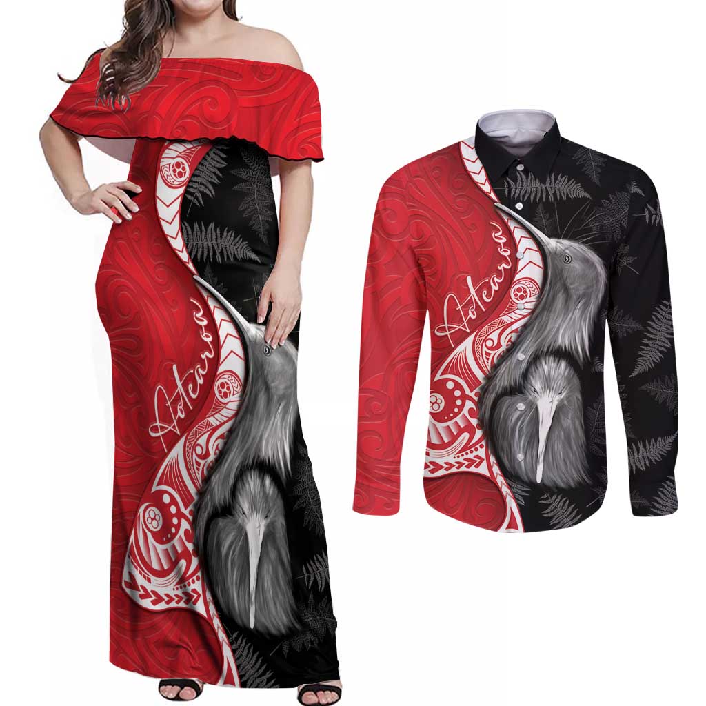 New Zealand Aotearoa Couples Matching Off Shoulder Maxi Dress and Long Sleeve Button Shirt Kiwi Fern Maori Pattern Red Version LT05 Red - Polynesian Pride