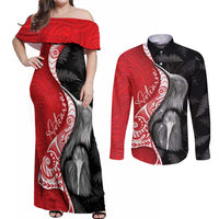 New Zealand Aotearoa Couples Matching Off Shoulder Maxi Dress and Long Sleeve Button Shirt Kiwi Fern Maori Pattern Red Version LT05 Red - Polynesian Pride