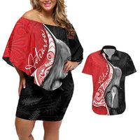 New Zealand Aotearoa Couples Matching Off Shoulder Short Dress and Hawaiian Shirt Kiwi Fern Maori Pattern Red Version LT05 Red - Polynesian Pride