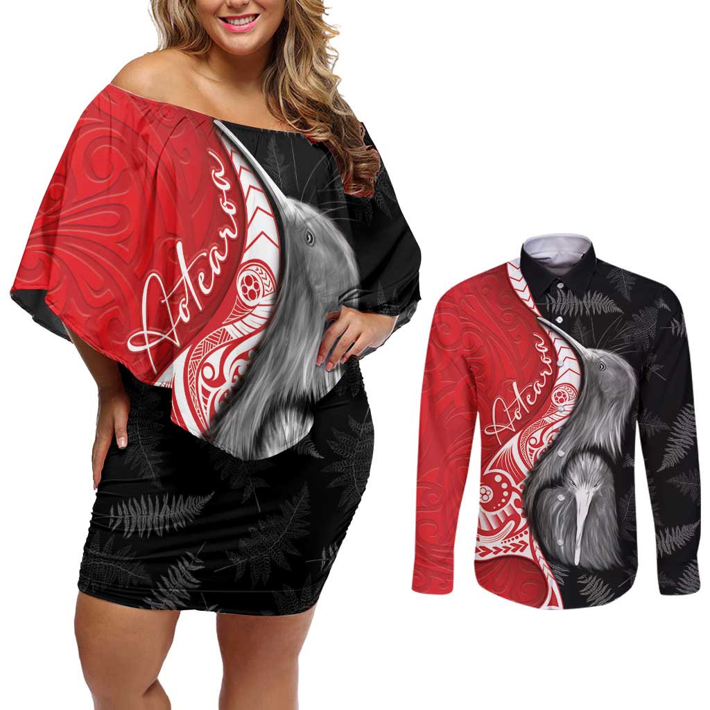 New Zealand Aotearoa Couples Matching Off Shoulder Short Dress and Long Sleeve Button Shirt Kiwi Fern Maori Pattern Red Version LT05 Red - Polynesian Pride