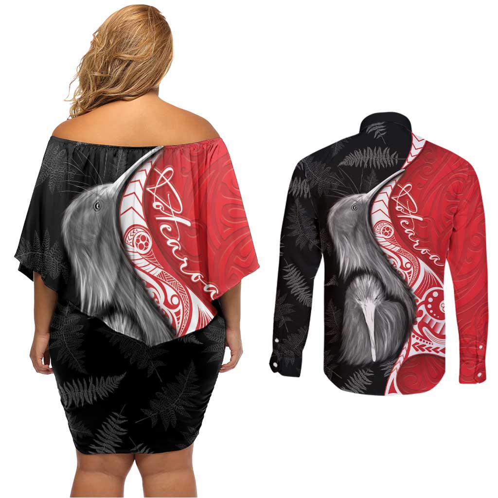New Zealand Aotearoa Couples Matching Off Shoulder Short Dress and Long Sleeve Button Shirt Kiwi Fern Maori Pattern Red Version LT05 - Polynesian Pride