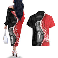 New Zealand Aotearoa Couples Matching Off The Shoulder Long Sleeve Dress and Hawaiian Shirt Kiwi Fern Maori Pattern Red Version LT05 - Polynesian Pride