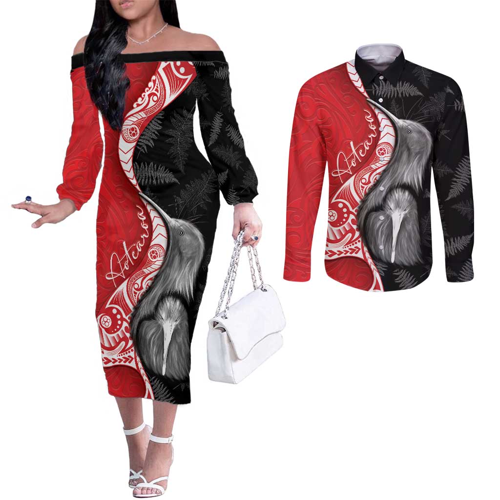 New Zealand Aotearoa Couples Matching Off The Shoulder Long Sleeve Dress and Long Sleeve Button Shirt Kiwi Fern Maori Pattern Red Version LT05 Red - Polynesian Pride
