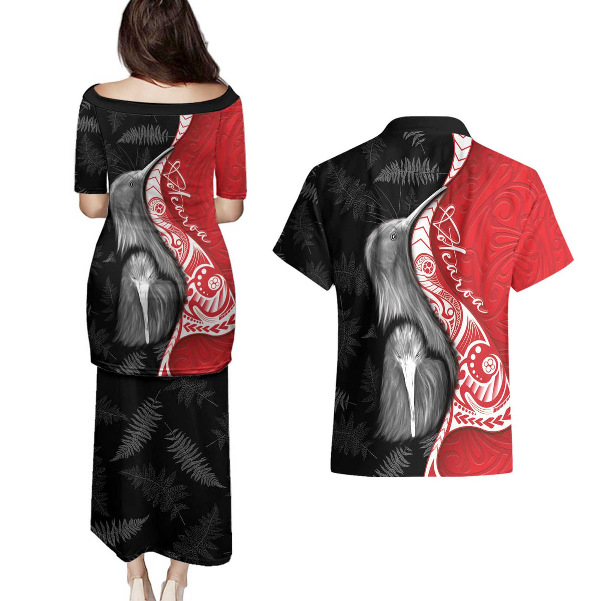 New Zealand Aotearoa Couples Matching Puletasi and Hawaiian Shirt Kiwi Fern Maori Pattern Red Version LT05 - Polynesian Pride