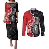 New Zealand Aotearoa Couples Matching Puletasi and Long Sleeve Button Shirt Kiwi Fern Maori Pattern Red Version LT05 Red - Polynesian Pride