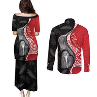 New Zealand Aotearoa Couples Matching Puletasi and Long Sleeve Button Shirt Kiwi Fern Maori Pattern Red Version LT05 - Polynesian Pride