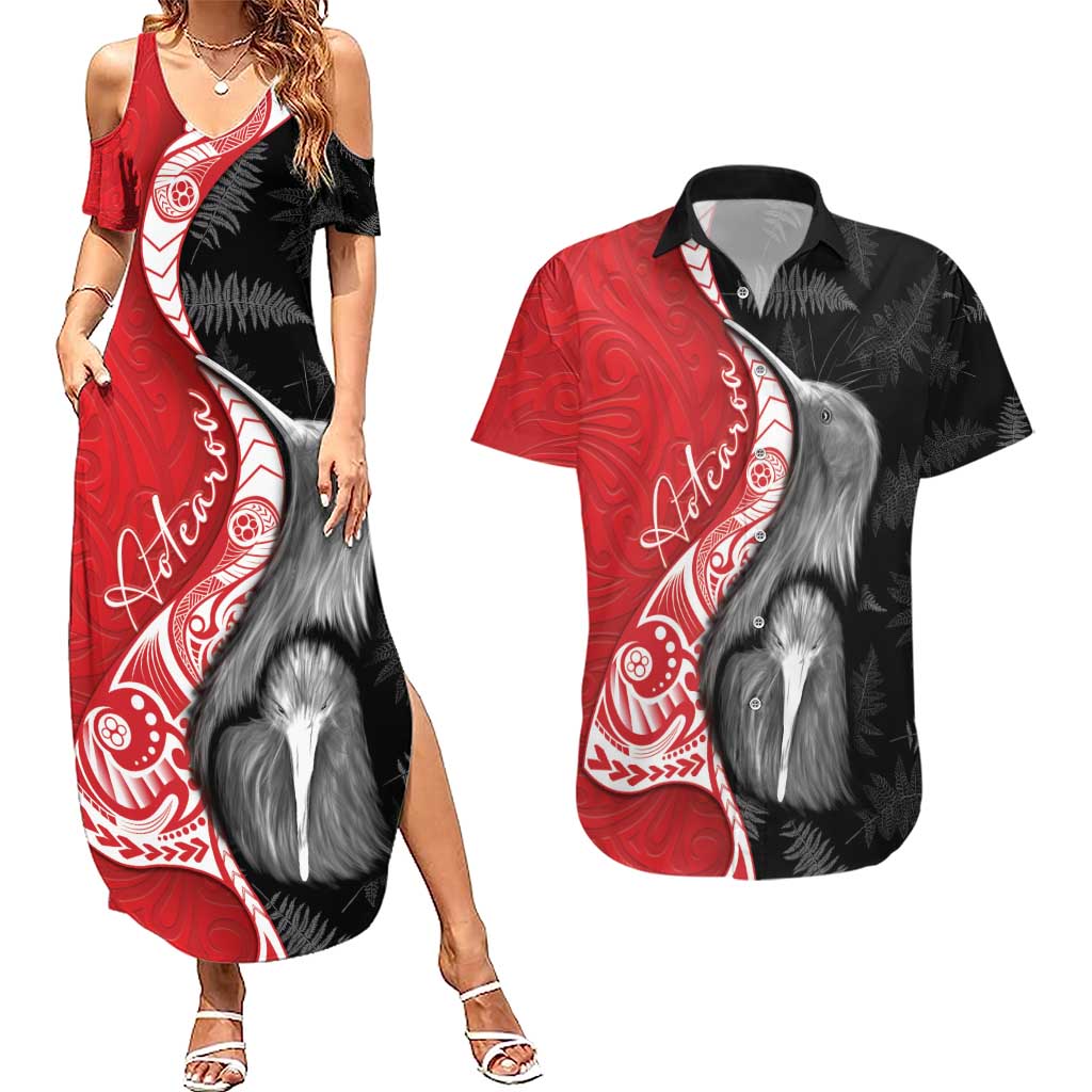 New Zealand Aotearoa Couples Matching Summer Maxi Dress and Hawaiian Shirt Kiwi Fern Maori Pattern Red Version LT05 Red - Polynesian Pride
