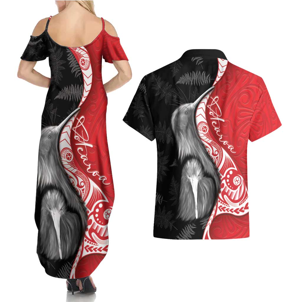 New Zealand Aotearoa Couples Matching Summer Maxi Dress and Hawaiian Shirt Kiwi Fern Maori Pattern Red Version LT05 - Polynesian Pride