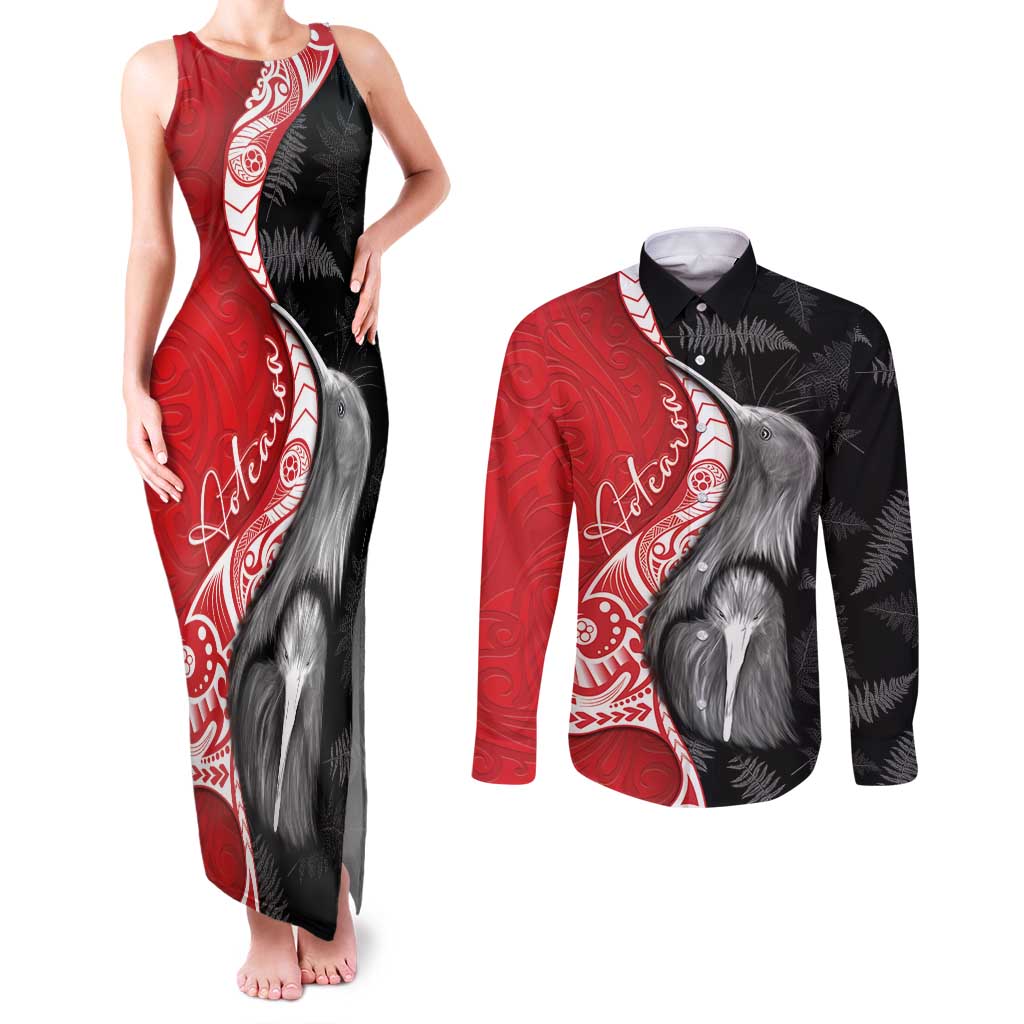 New Zealand Aotearoa Couples Matching Tank Maxi Dress and Long Sleeve Button Shirt Kiwi Fern Maori Pattern Red Version LT05 Red - Polynesian Pride
