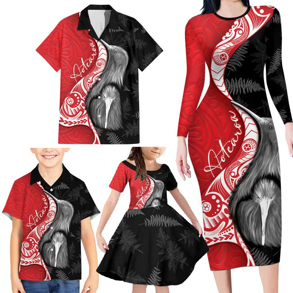 New Zealand Aotearoa Family Matching Long Sleeve Bodycon Dress and Hawaiian Shirt Kiwi Fern Maori Pattern Red Version LT05 - Polynesian Pride